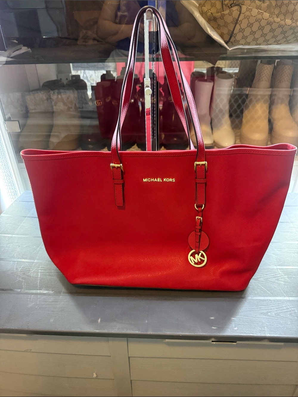 Michael Kors Bright Red Leather Tote with Gold MK Charm